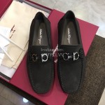 Ferragamo Fashion Leather Gancini Buckle Loafers For Men Gray