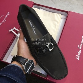 Ferragamo Fashion Leather Gancini Buckle Loafers For Men Gray