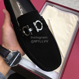 Ferragamo Fashion Leather Gancini Buckle Loafers For Men Black