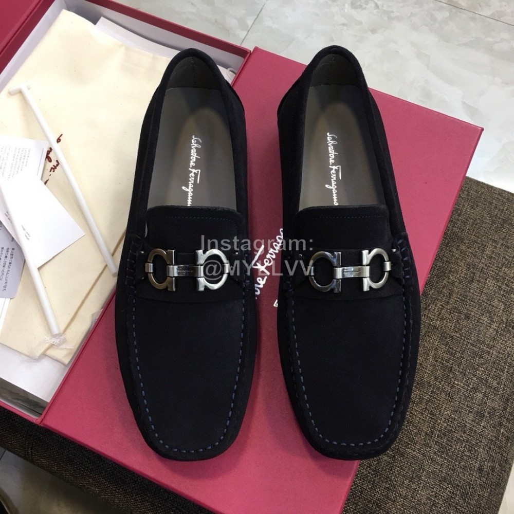 Ferragamo Fashion Leather Gancini Buckle Loafers For Men Navy