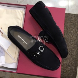 Ferragamo Fashion Leather Gancini Buckle Loafers For Men Navy