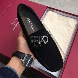 Ferragamo Fashion Leather Gancini Buckle Loafers For Men Navy