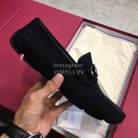 Ferragamo Fashion Leather Gancini Buckle Loafers For Men Navy