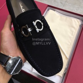 Ferragamo Fashion Leather Gancini Buckle Loafers For Men Navy