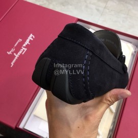 Ferragamo Fashion Leather Gancini Buckle Loafers For Men Navy