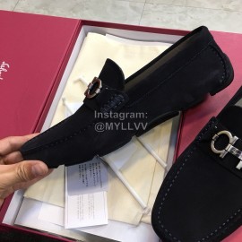 Ferragamo Fashion Leather Gancini Buckle Loafers For Men Navy