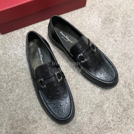 Ferragamo Classic Leather Gancini Buckle Business Loafers For Men Black 