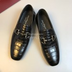 Ferragamo Crocodile Pattern Leather Gancini Buckle Business Shoes For Men Black