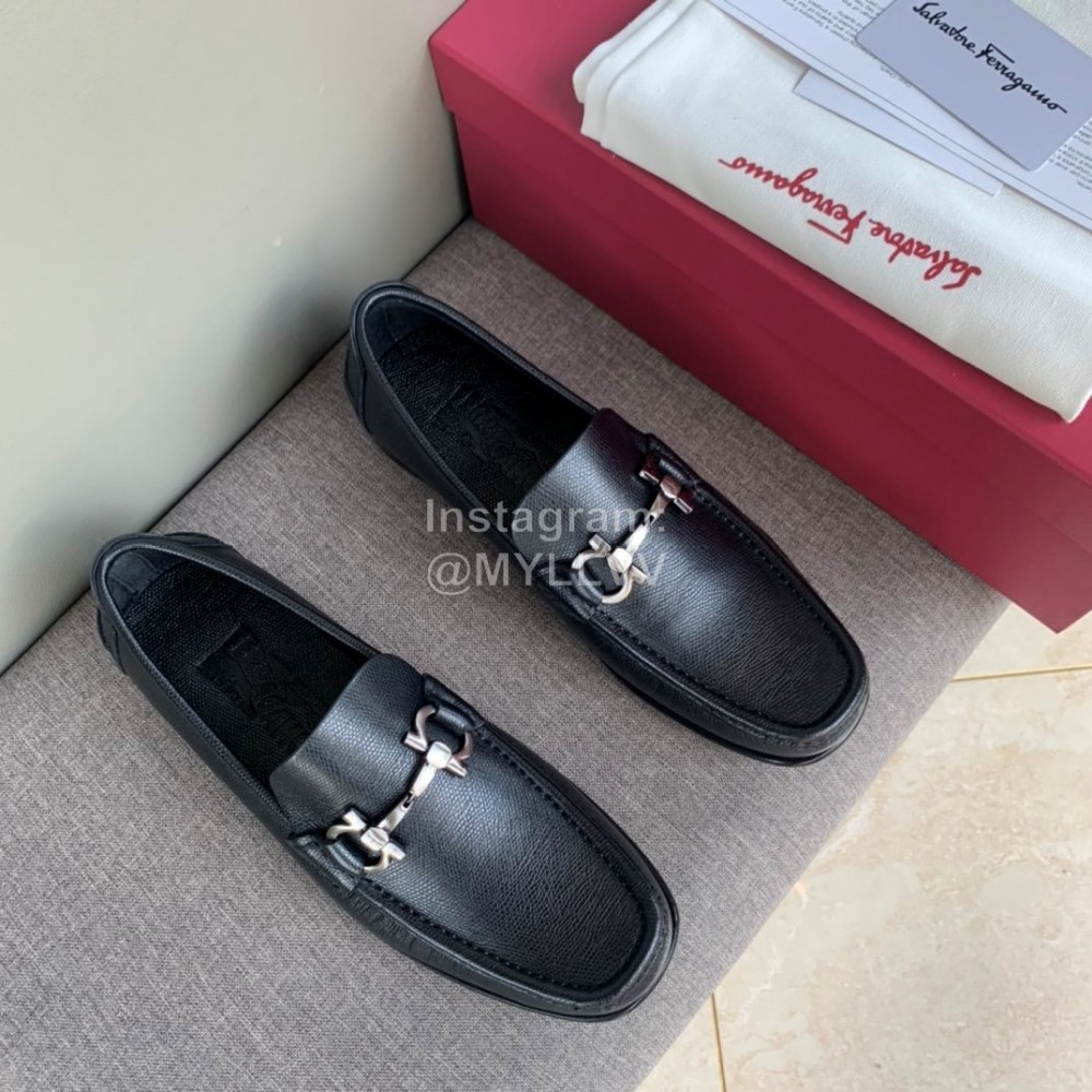 Ferragamo Palmprint Leather Gancini Buckle Business Shoes For Men Black