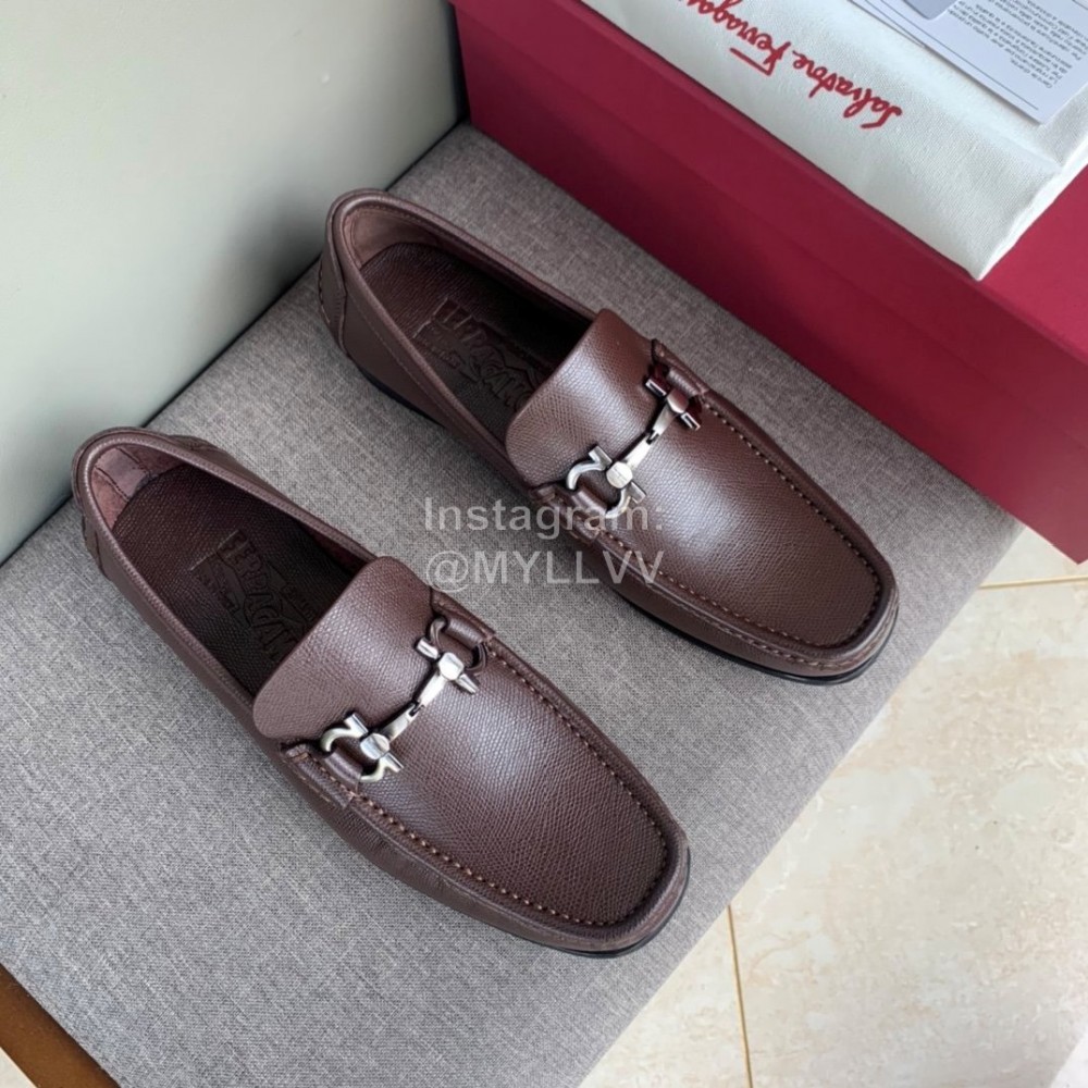 Ferragamo Palmprint Leather Gancini Buckle Business Shoes For Men Coffee