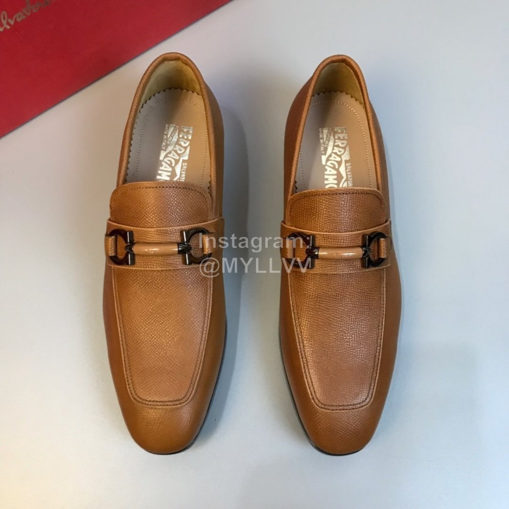 Ferragamo Leather Gancini Buckle Business Shoes For Men Brown