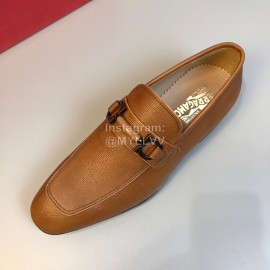 Ferragamo Leather Gancini Buckle Business Shoes For Men Brown