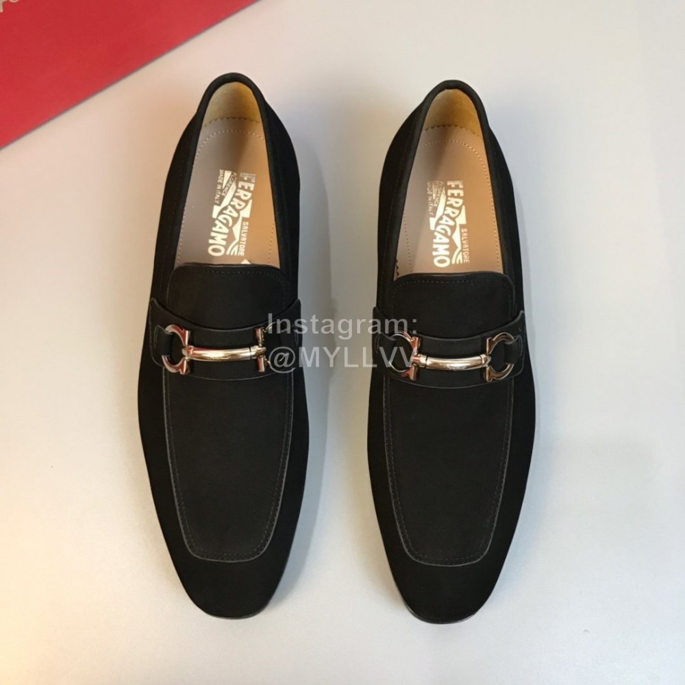 Ferragamo Black Leather Gancini Buckle Business Shoes For Men 