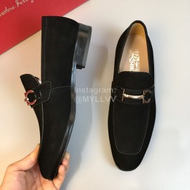 Ferragamo Black Leather Gancini Buckle Business Shoes For Men 