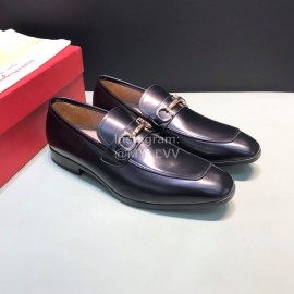 Ferragamo Calf Leather Gancini Buckle Business Shoes For Men Reddish Brown