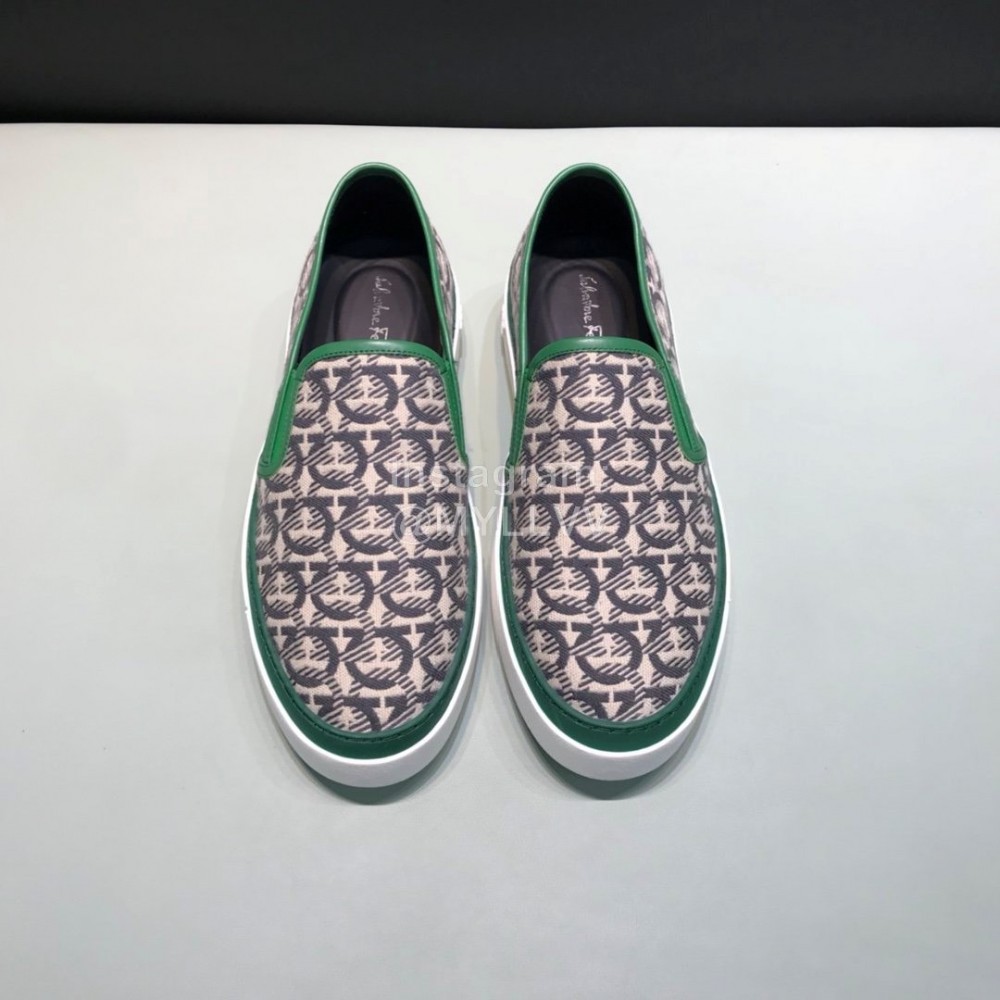 Ferragamo Printed Leather Casual Shoes For Men Green