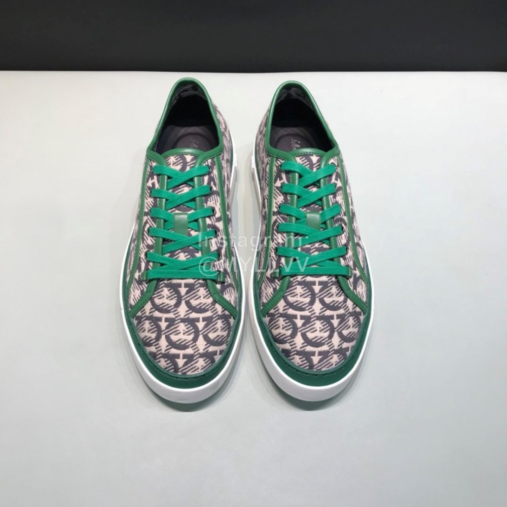 Ferragamo Printed Leather Lace Up Casual Shoes For Men Green