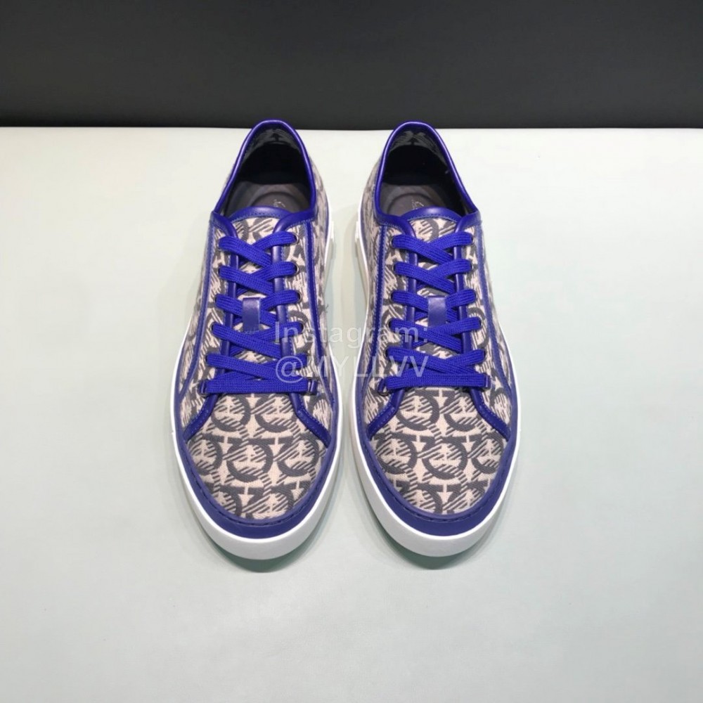Ferragamo Printed Leather Lace Up Casual Shoes For Men Blue