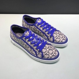 Ferragamo Printed Leather Lace Up Casual Shoes For Men Blue