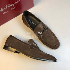 Ferragamo Cowhide Velvet Gancini Buckle Casual Shoes For Men Brown