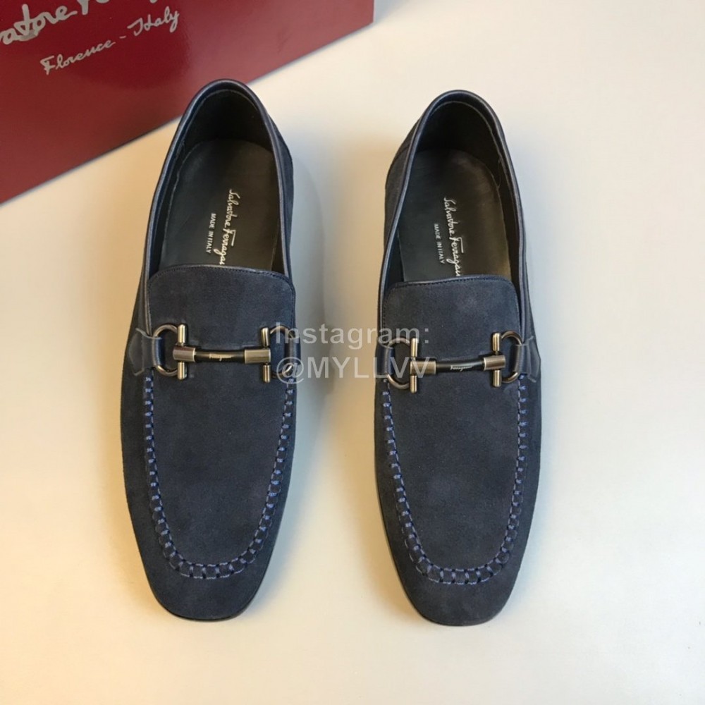 Ferragamo Cowhide Velvet Gancini Buckle Casual Shoes For Men Navy