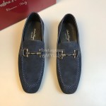 Ferragamo Cowhide Velvet Gancini Buckle Casual Shoes For Men Navy