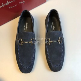 Ferragamo Cowhide Velvet Gancini Buckle Casual Shoes For Men Navy