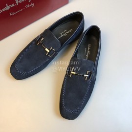 Ferragamo Cowhide Velvet Gancini Buckle Casual Shoes For Men Navy