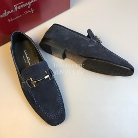 Ferragamo Cowhide Velvet Gancini Buckle Casual Shoes For Men Navy