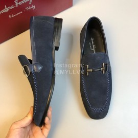 Ferragamo Cowhide Velvet Gancini Buckle Casual Shoes For Men Navy