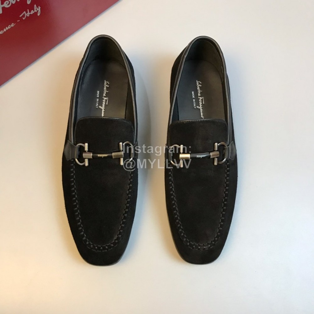 Ferragamo Cowhide Velvet Gancini Buckle Casual Shoes For Men Black