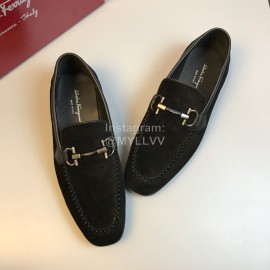 Ferragamo Cowhide Velvet Gancini Buckle Casual Shoes For Men Black
