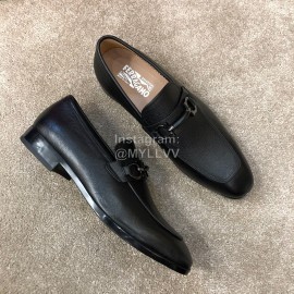Ferragamo New Leather Gancini Buckle Business Shoes For Men Black