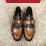 Ferragamo Calf Leather Metal Buckle Casual Shoes For Men Brown