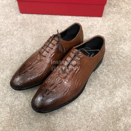 Ferragamo Calf Leather Lace Up Casual Shoes For Men Brown