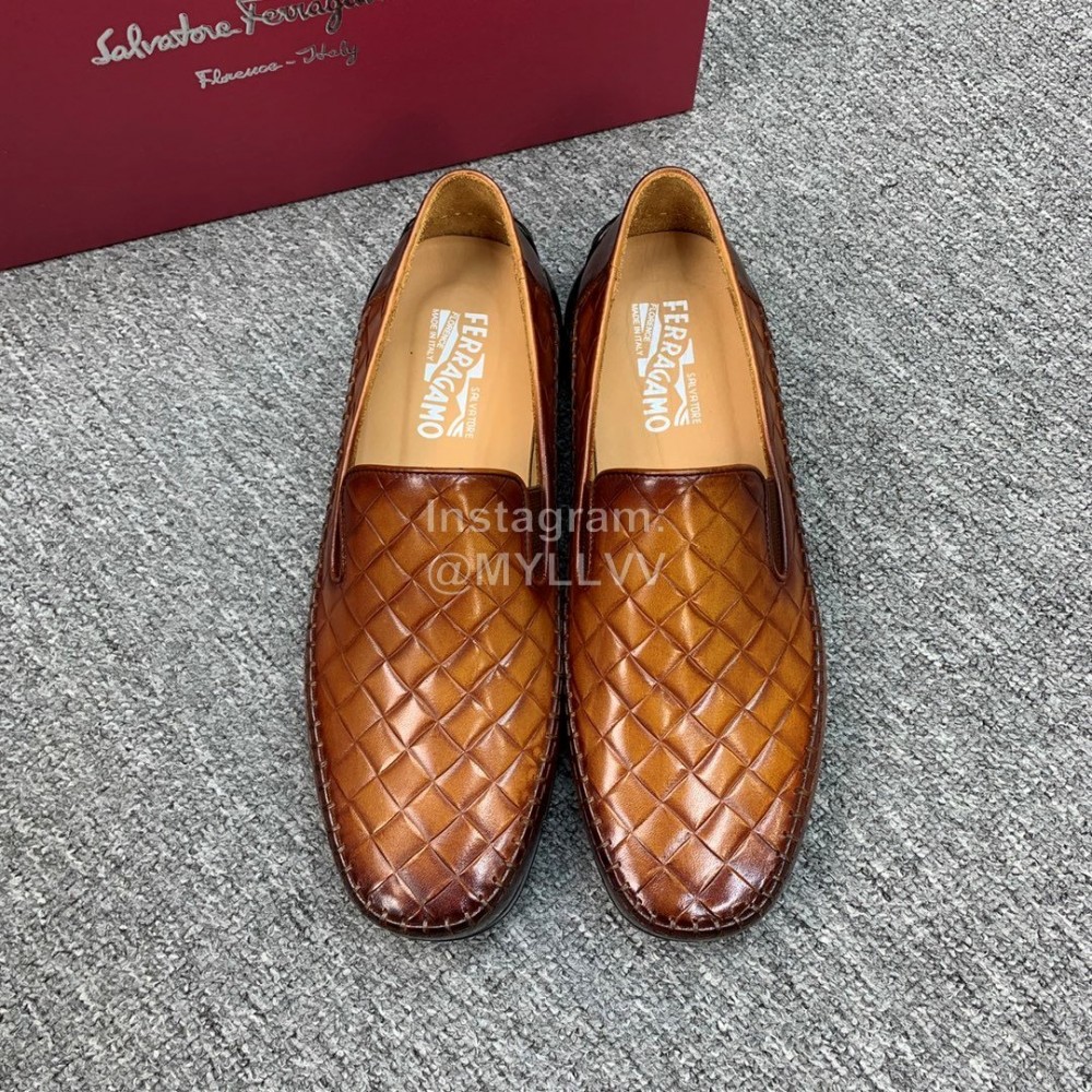 Ferragamo Plaid Calf Leather Casual Shoes For Men Brown