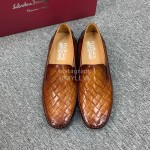 Ferragamo Plaid Calf Leather Casual Shoes For Men Brown