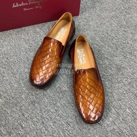Ferragamo Plaid Calf Leather Casual Shoes For Men Brown