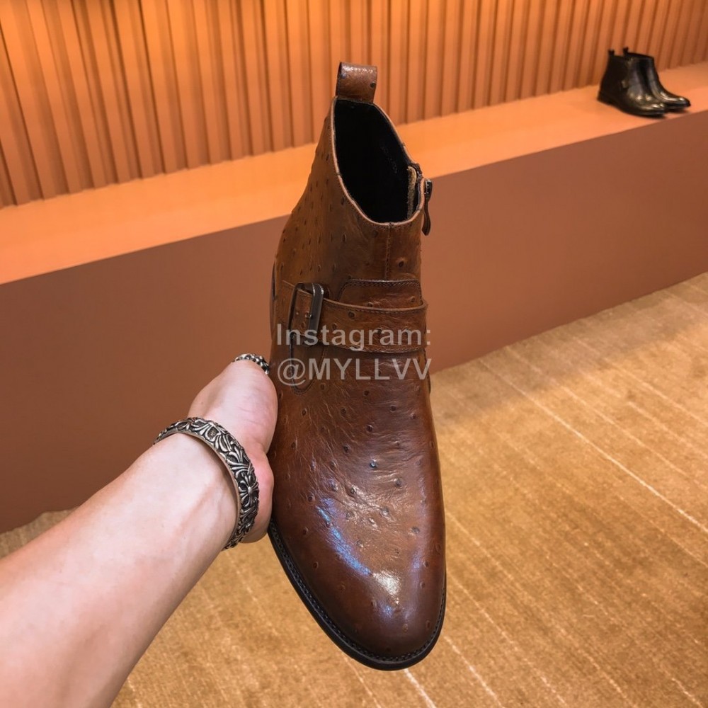 Ferragamo New Calf Leather Casual Short Boots For Men Brown