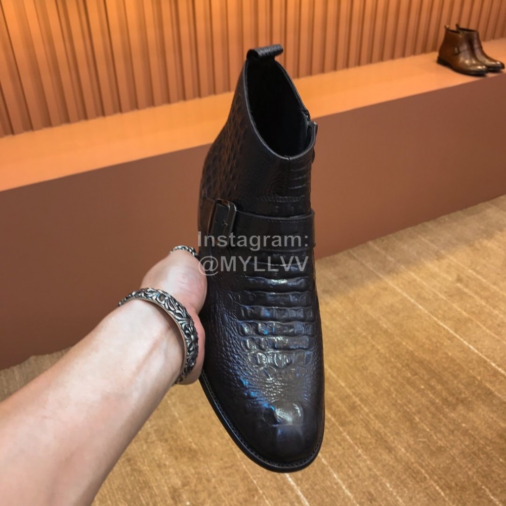 Ferragamo Black Calf Leather Casual Short Boots For Men 