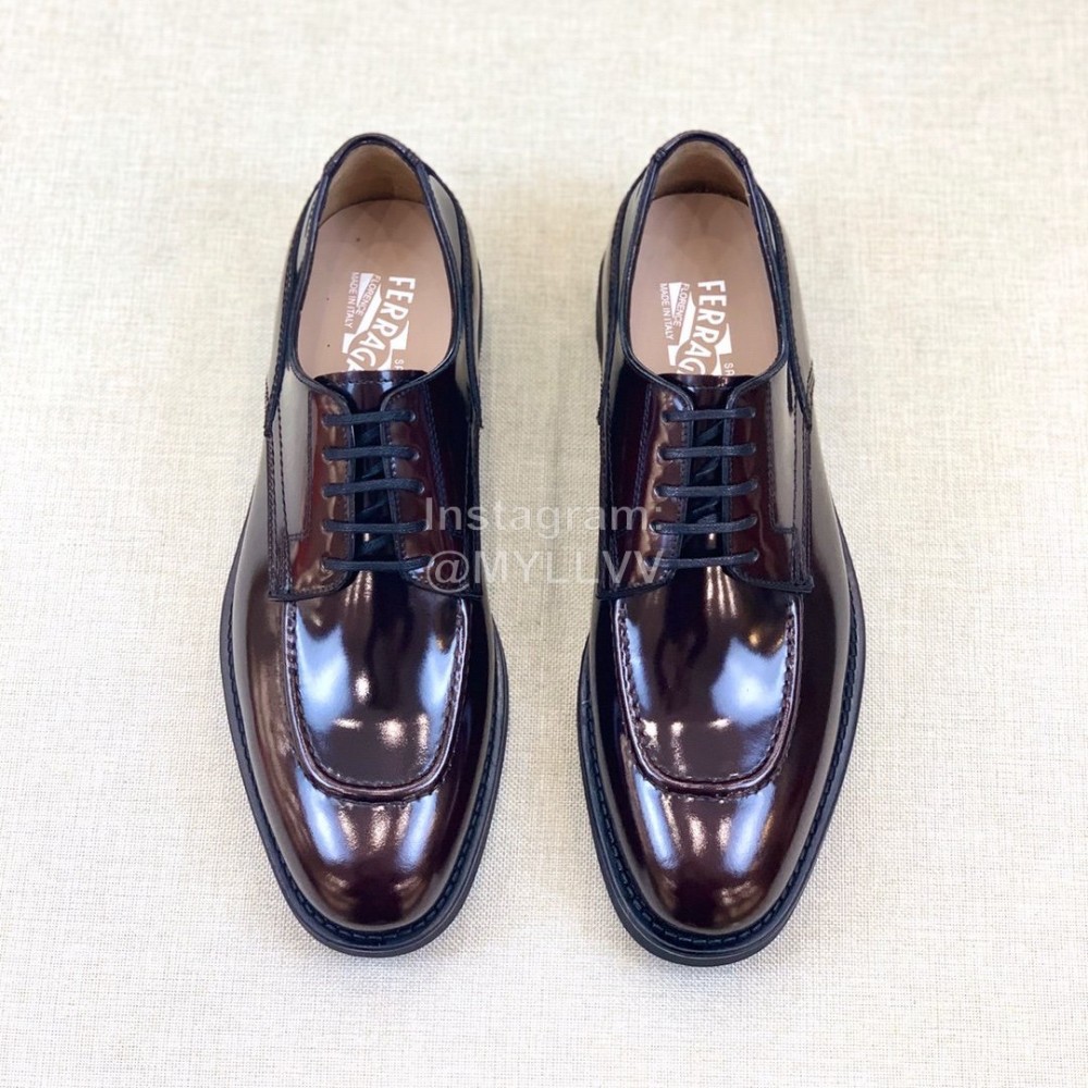 Ferragamo Lace Up Calf Leather Business Shoes For Men Coffee