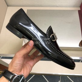 Ferragamo Black Calf Leather Gancini Buckle Shoes For Men 