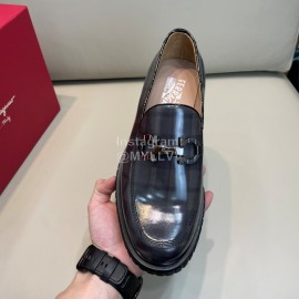 Ferragamo Calf Leather Gancini Buckle Business Shoes For Men Navy