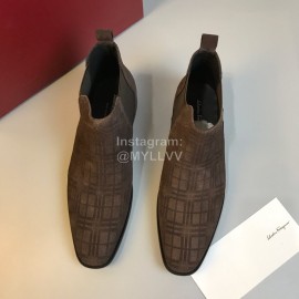 Ferragamo Velvet Calf Leather Casual Chelsea Boots For Men Coffee