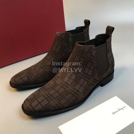 Ferragamo Velvet Calf Leather Casual Chelsea Boots For Men Coffee