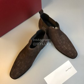 Ferragamo Velvet Calf Leather Casual Chelsea Boots For Men Coffee