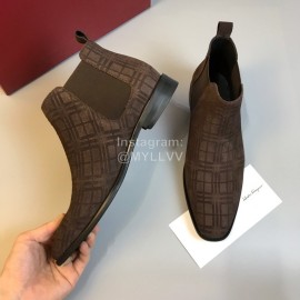 Ferragamo Velvet Calf Leather Casual Chelsea Boots For Men Coffee