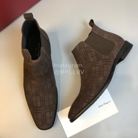 Ferragamo Velvet Calf Leather Casual Chelsea Boots For Men Coffee