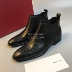 Ferragamo New Plaid Calf Leather Casual Chelsea Boots For Men Black