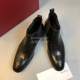 Ferragamo New Plaid Calf Leather Casual Chelsea Boots For Men Black